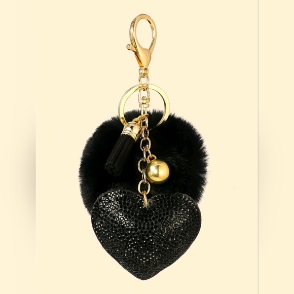 Black Rhinestone Heart ๐ค Pom Pom Keychain NWOT - Picture 2 of 3